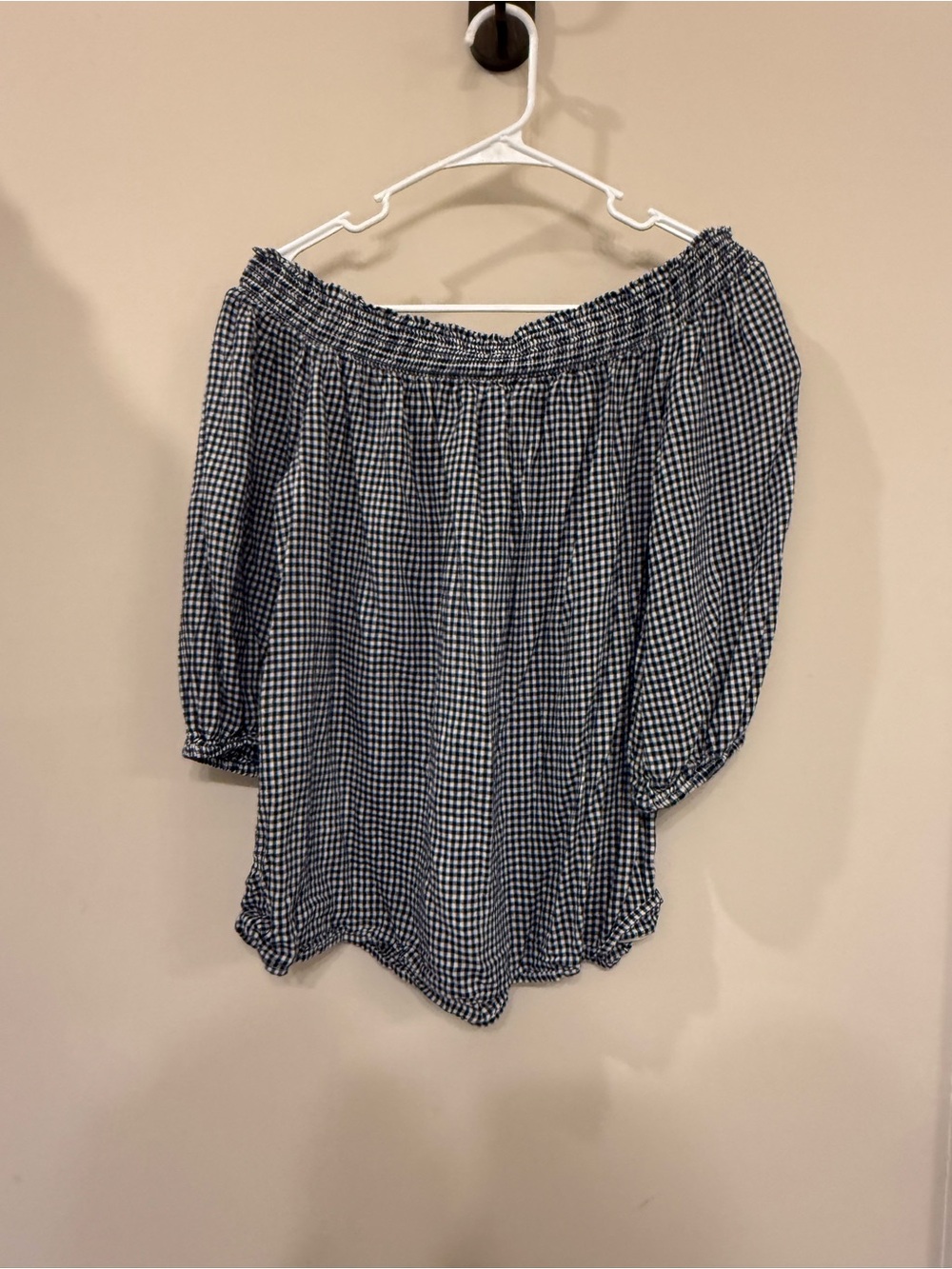 Old Navy Navy and White Gingham Off-Shoulder Blouse